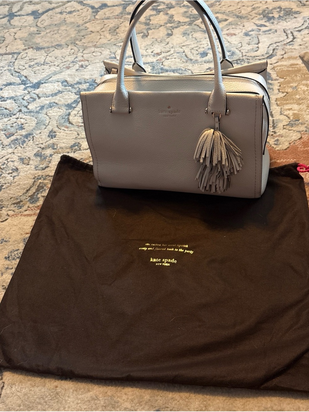 kate spade Pebbled Leather Satchel in Light Gray with Tassel Charm